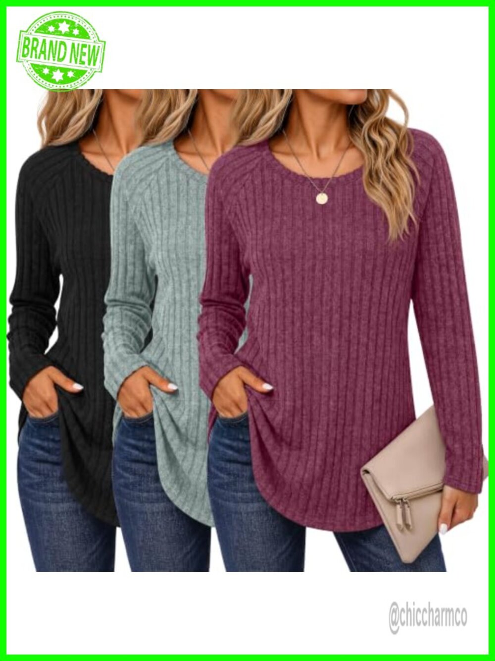 Womens Long Sleeve Tunic Sweaters 3 Pack Crew Neck Curved Hem Fall Tops